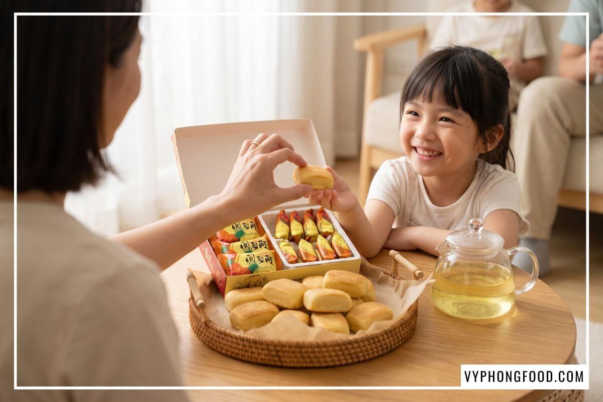 Mẹ trao chiếc bánh dứa nướng vàng ruộm cho con gái nhỏ cạnh khay mây và hộp bánh Nice Choice trong phòng khách ấm cúng.