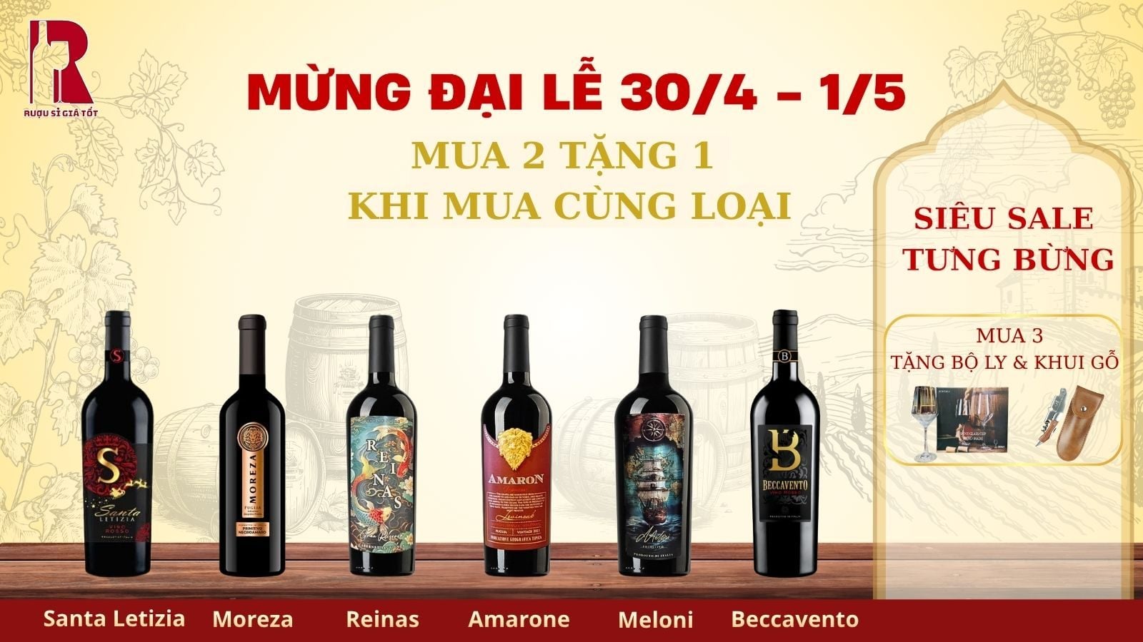 Mua 2 Tặng 1 – Vang Ý & Vang Chile Đỏ Nhập Khẩu Giá Tốt