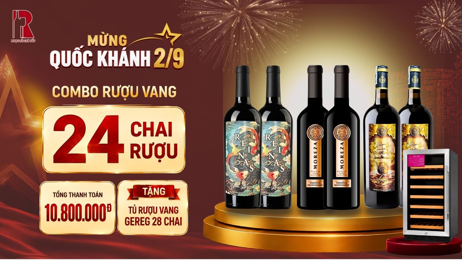 Combo Rượu Vang 24 Chai Mừng Quốc Khánh 2/9: Tặng Tủ Rượu Vang 28 Chai