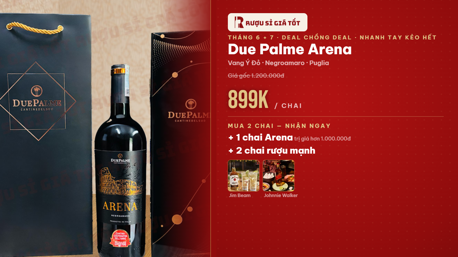 Khuyến Mãi Tháng 6 Và Tháng 7: Mua 2 Chai Vang Ý Due Palme Arena Tặng Ngay 3 Chai Rượu