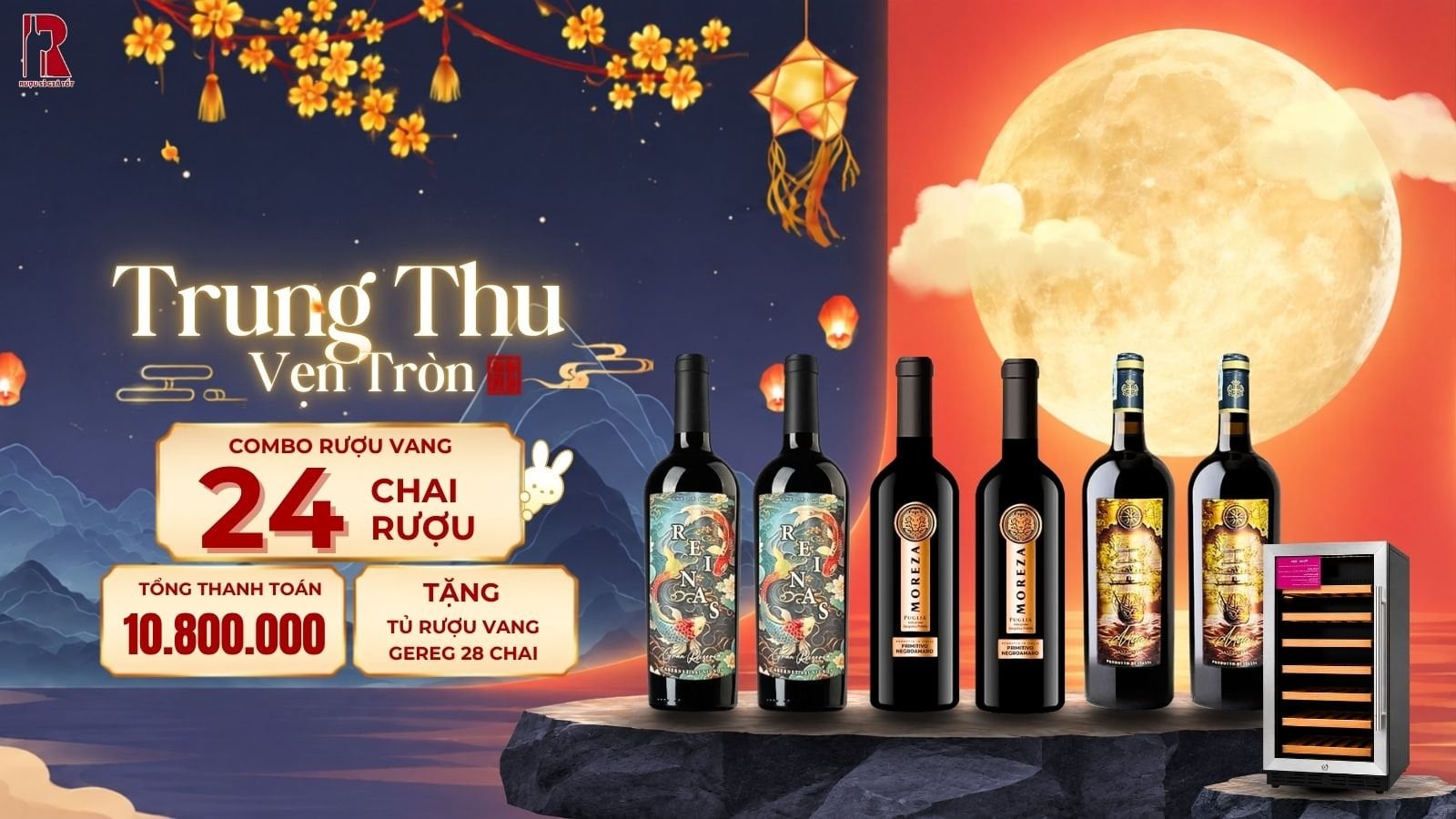 Combo Rượu Vang 24 Chai Mừng Tết Trung Thu - Tặng Tủ Rượu Vang 28 Chai