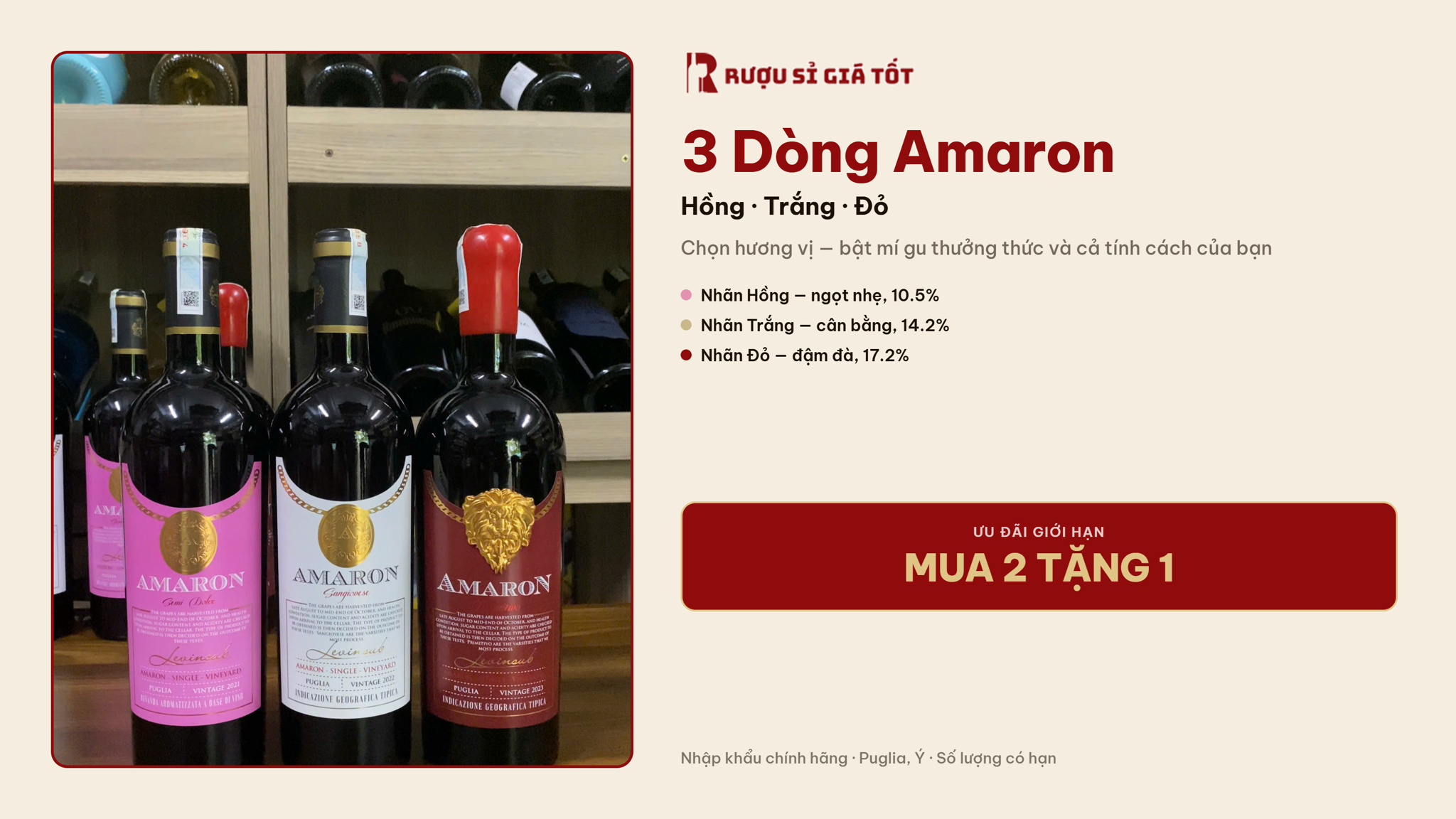 3 Dòng Vang Amaron Ý Puglia, Ưu Đãi Mua 2 Tặng 1 Giới Hạn
