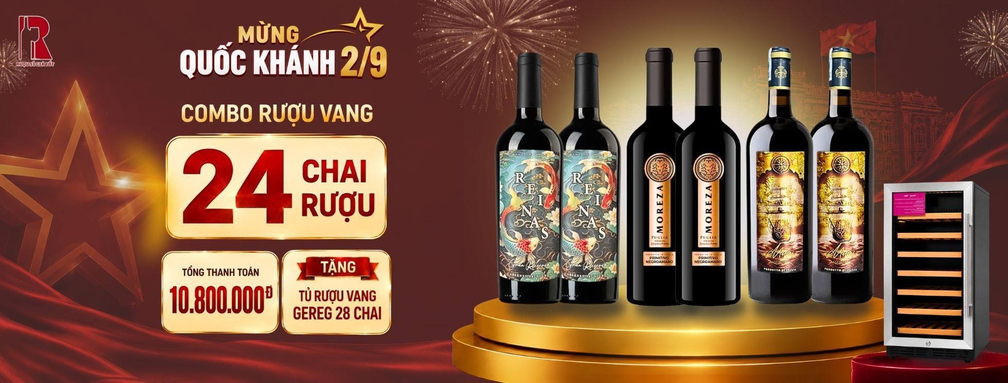 Combo Rượu Vang 24 Chai Mừng Quốc Khánh 2/9: Tặng Tủ Rượu Vang 28 Chai