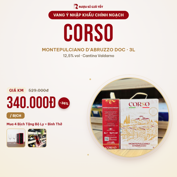 Vang Bịch Corso Montepulciano 3L Chỉ 340k - Mua 4 Tặng Bộ Ly & Bình Thở