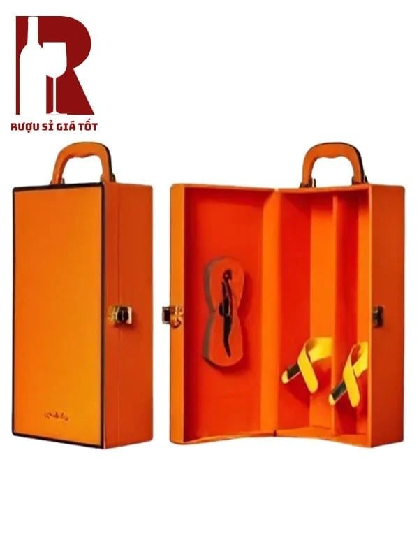 Hộp Da Đựng Rượu 2 Chai Tay Cầm Cứng 1 Phụ Kiện Viền Đen Màu Cam