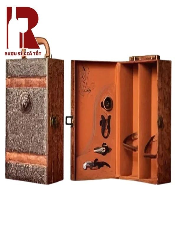 Hộp Da Đựng Rượu 2 Chai Vân Phượng Hoàng Sọc Ngang 4 Phụ Kiện Màu Nâu