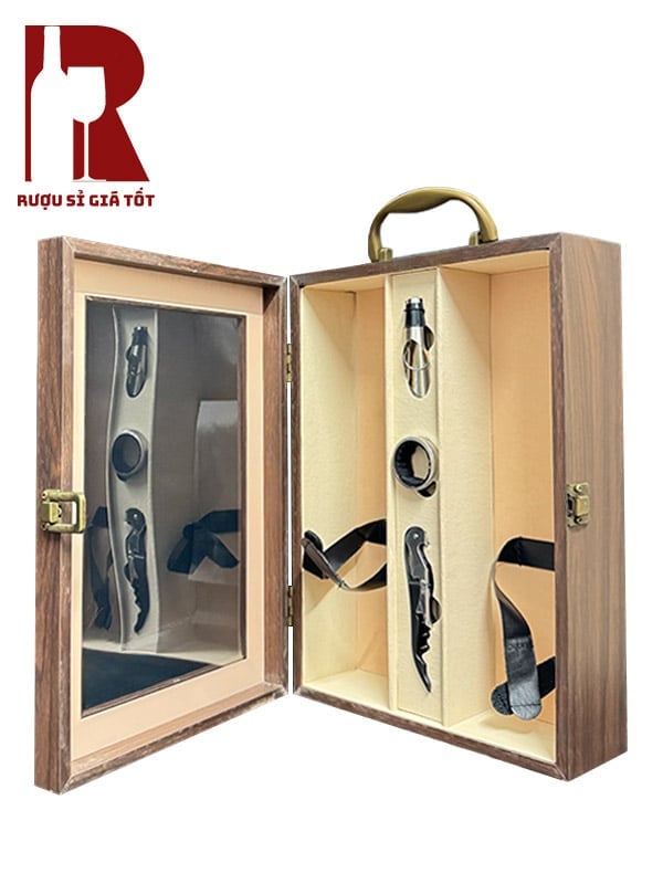 Hộp Gỗ Đựng Rượu Mặt Kính Hai Chai Màu Nâu