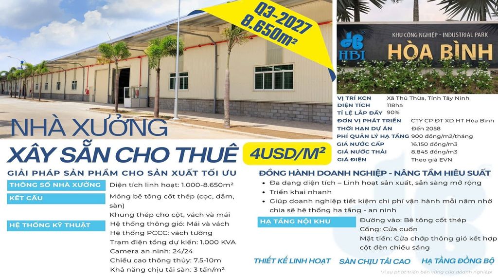 Nhà xưởng xây sẵn cho thuê 1.000–8.650 m² | 4 USD/m²