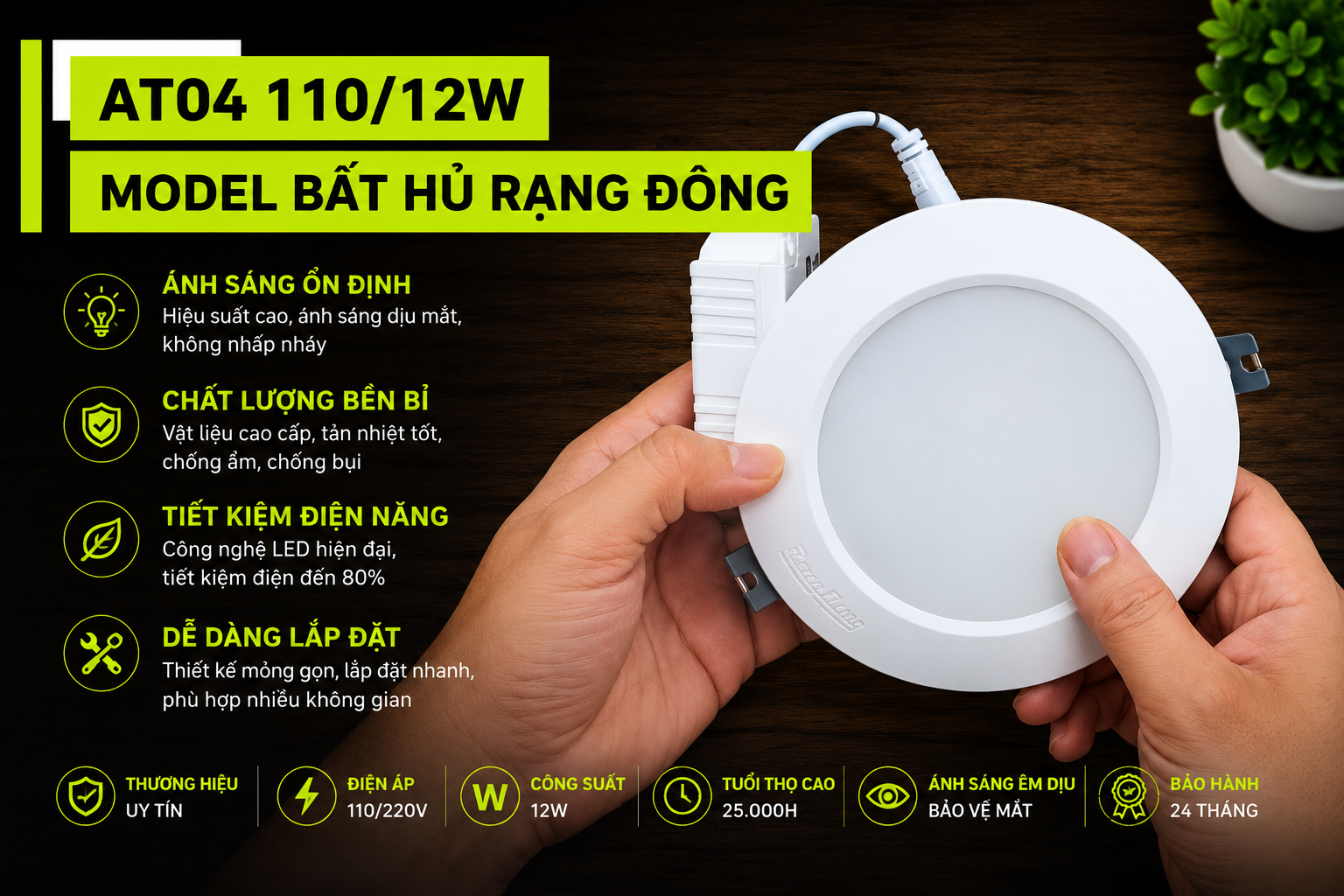 Review Đèn LED âm trần AT04 110/12W Rạng Đông