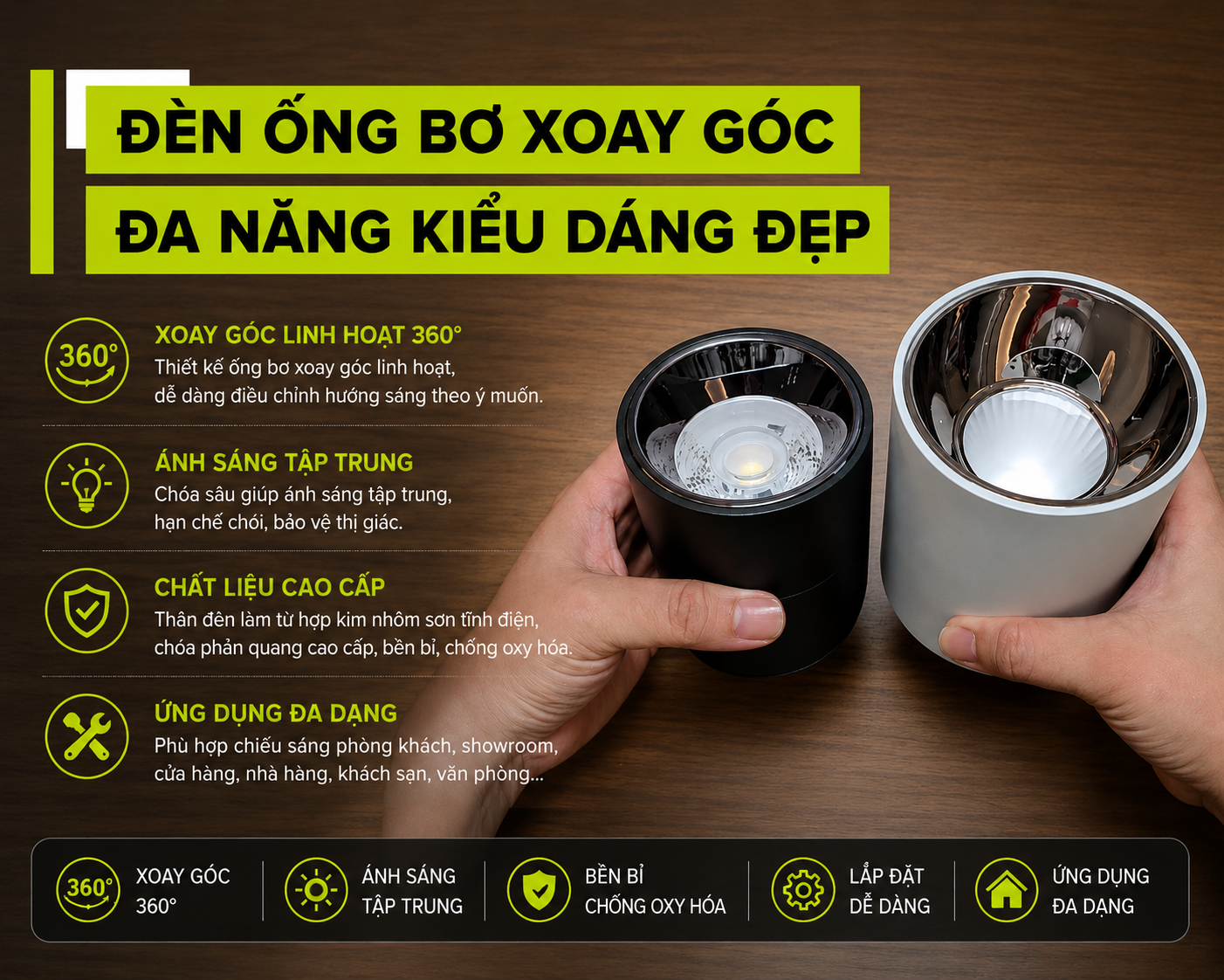 Đèn Ống Bơ Xoay Góc Đa Năng Kiểu Dáng Đẹp Mắt