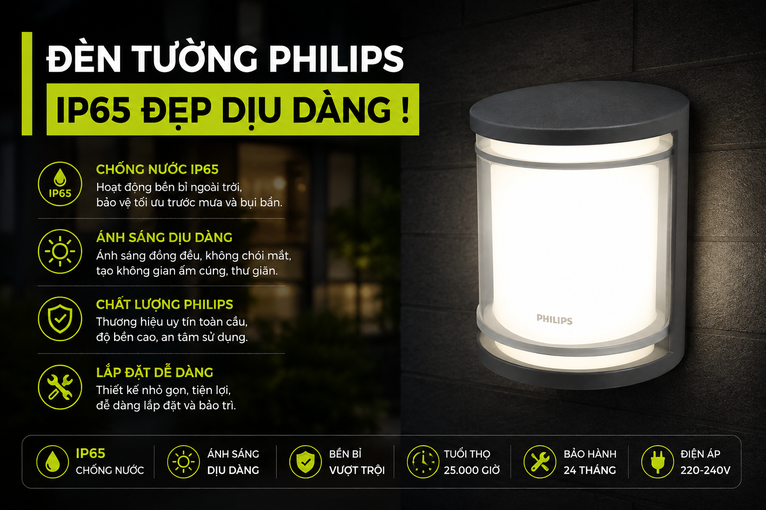 Đèn Tường Philips IP65 Đẹp Dịu Dàng