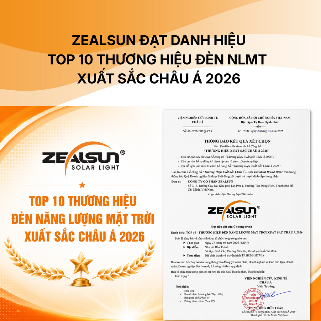 ZEALSUN CHÍNH THỨC LÀ THƯƠNG HIỆU ĐÈN NĂNG LƯỢNG MẶT TRỜI XUẤT SẮC CHÂU Á 2026