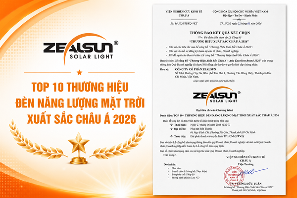 ZEALSUN đã lọt vào TOP 10 Thương hiệu Đèn Năng lượng Mặt trời Xuất sắc Châu Á 2026