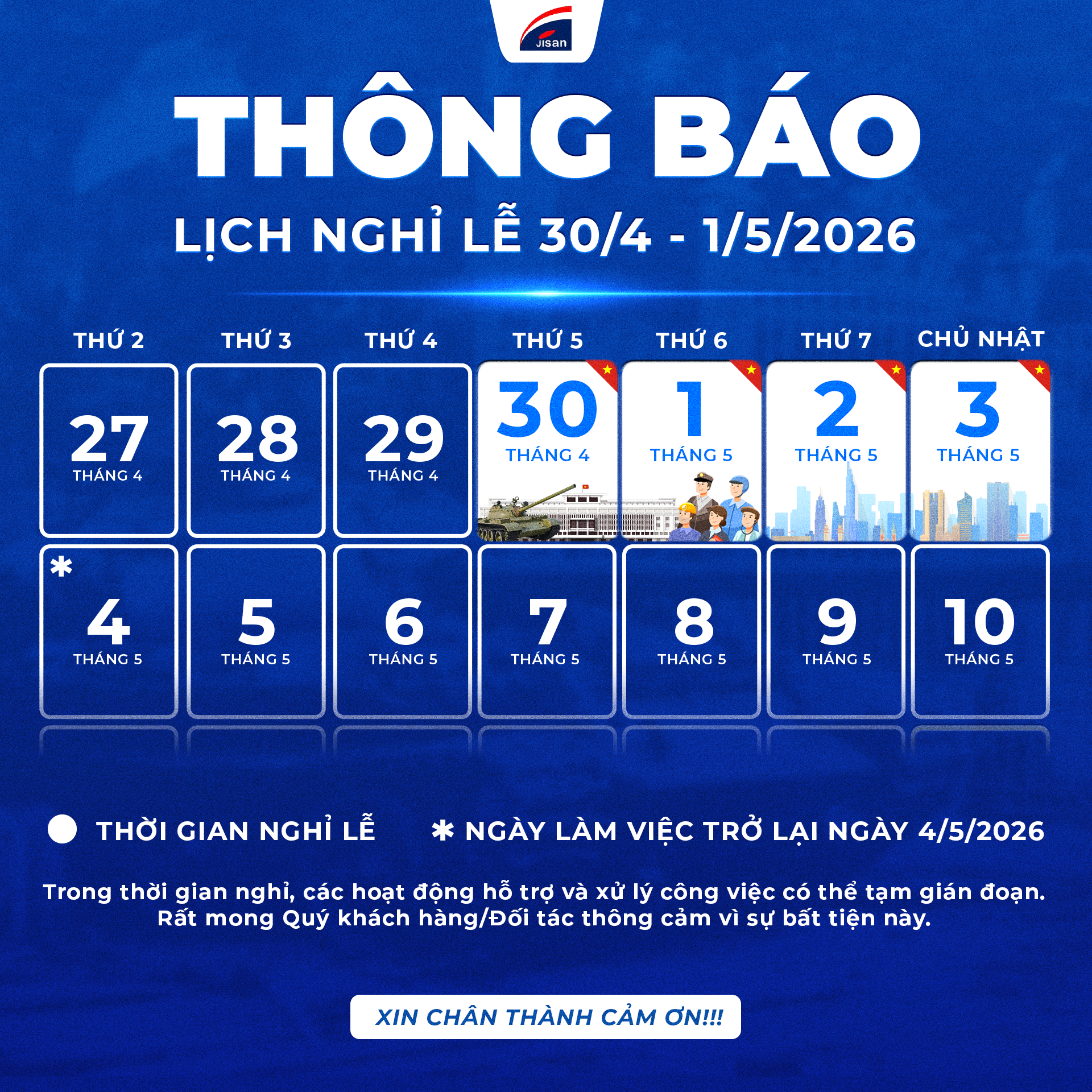 THÔNG BÁO LỊCH NGHỈ LỄ 30/4 – 1/5