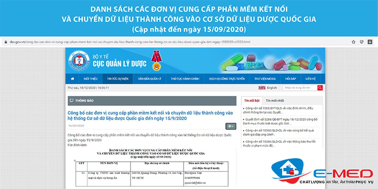 Phần Mềm Quản Lý Nhà Thuốc E-MED Của Công Ty Song Ân Đã Được Cục Quản Lý Dược Công Nhận Kết Nối Thành Công Với Cổng Kết Nối Nhà Thuốc Từ Năm 2018