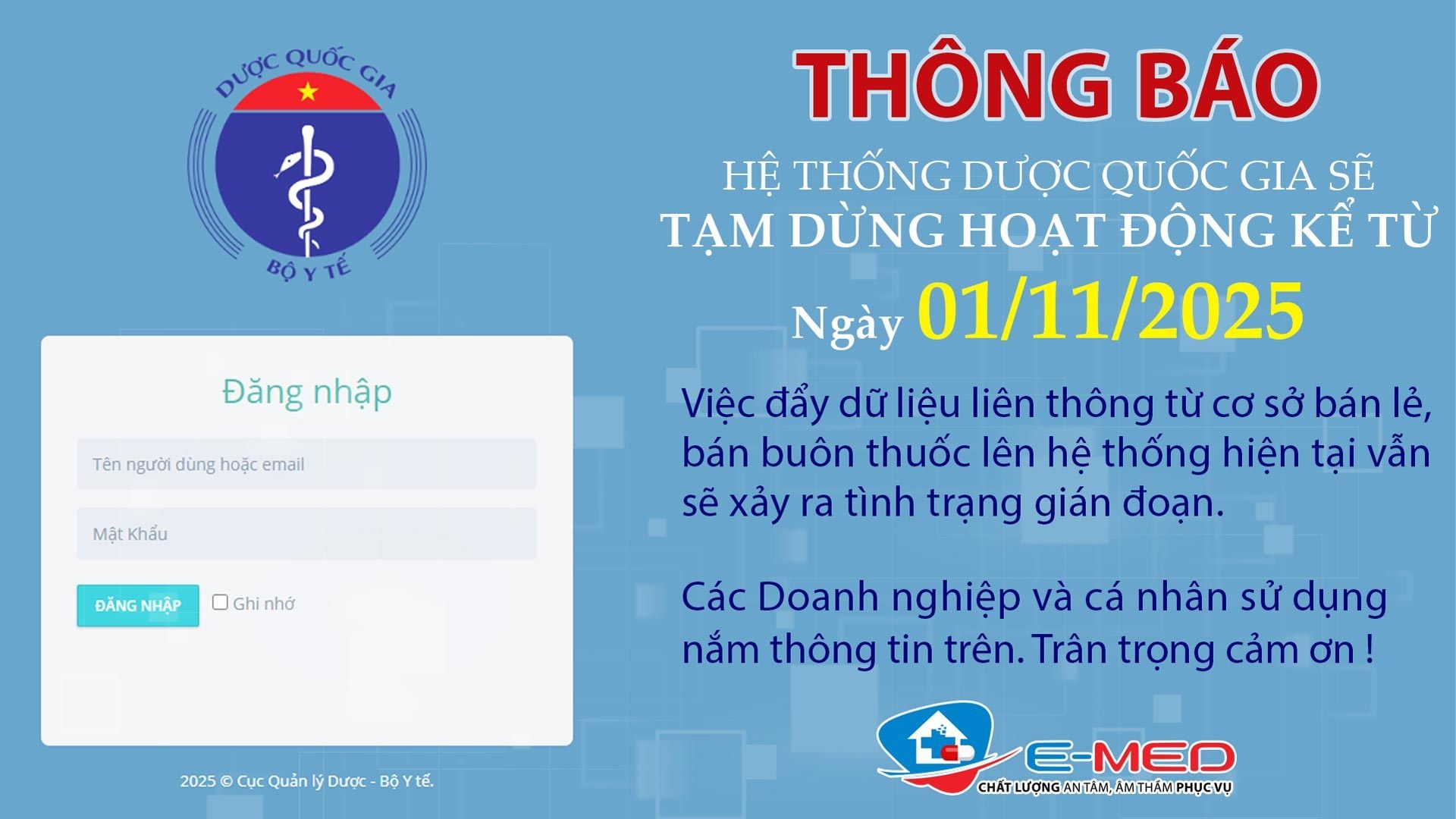 Thông báo – Hệ thống Dược Quốc gia sẽ tạm dừng hoạt động kể từ ngày 01/11/2025