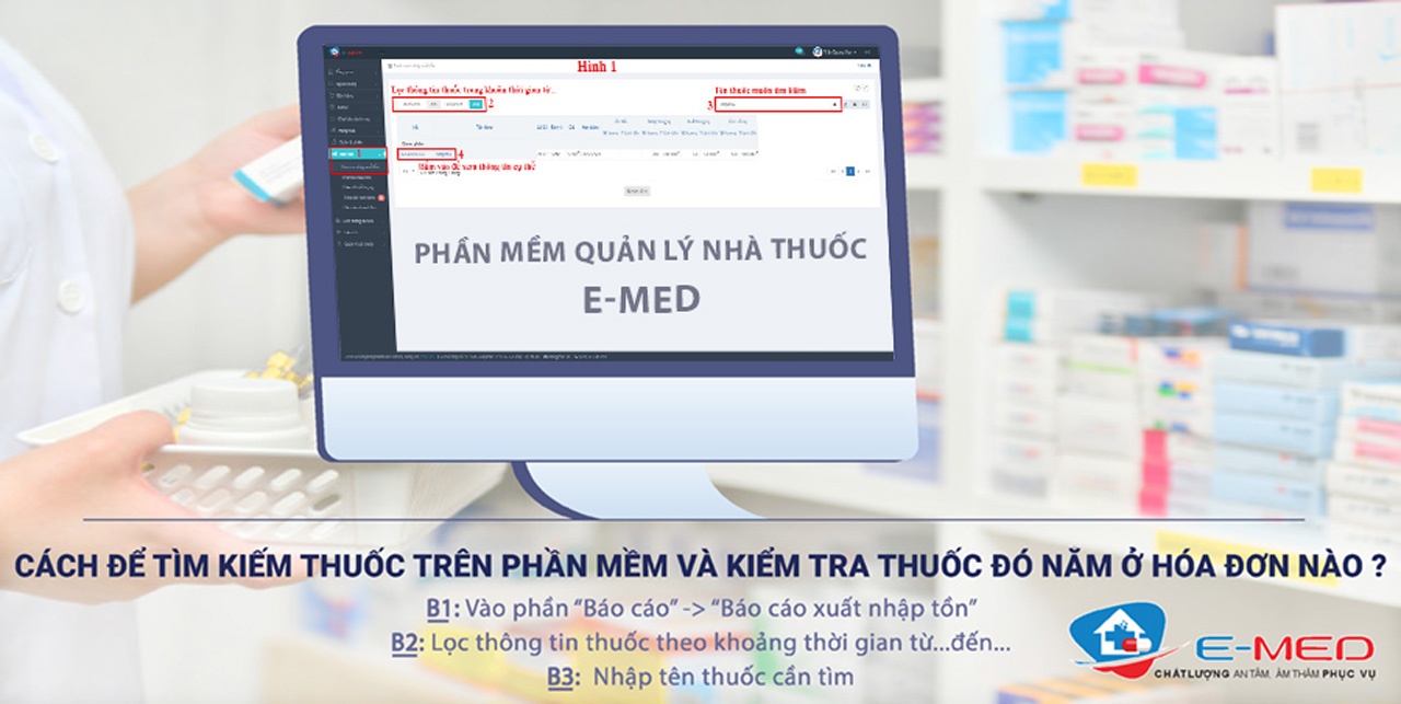 Cách để tìm kiếm thuốc trên phần mềm và kiểm tra thuốc đó nằm ở hóa đơn nào?