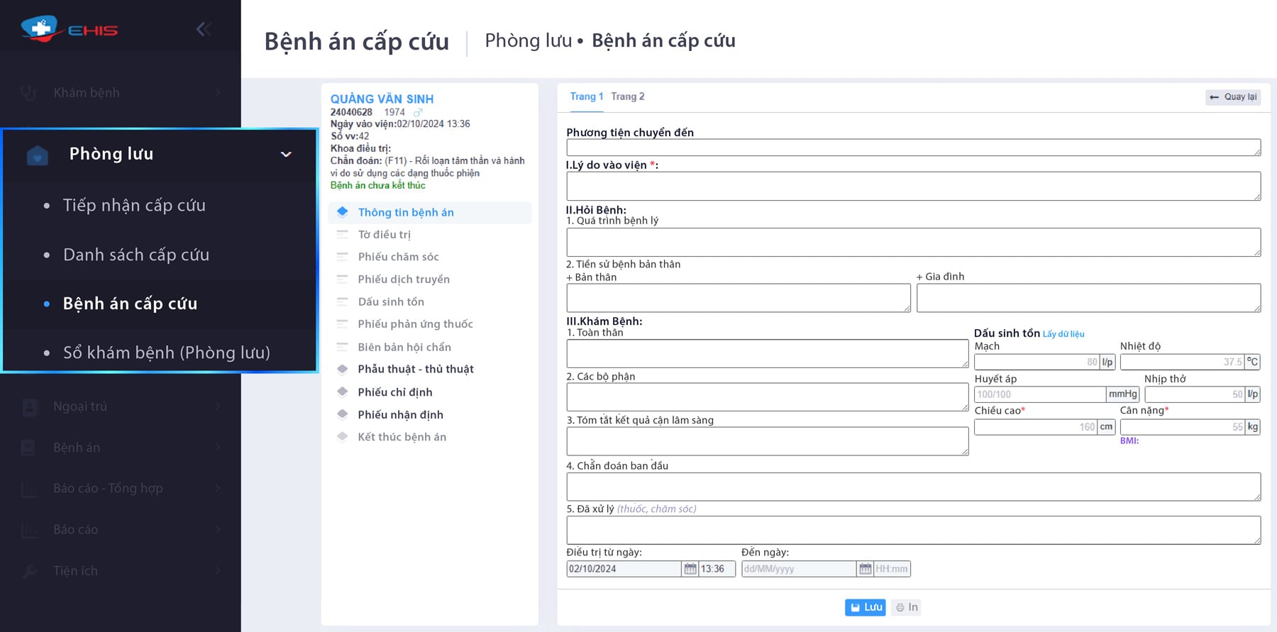 bệnh án cấp cứu của bệnh nhân trên phần mềm quản lý bệnh viện ehis