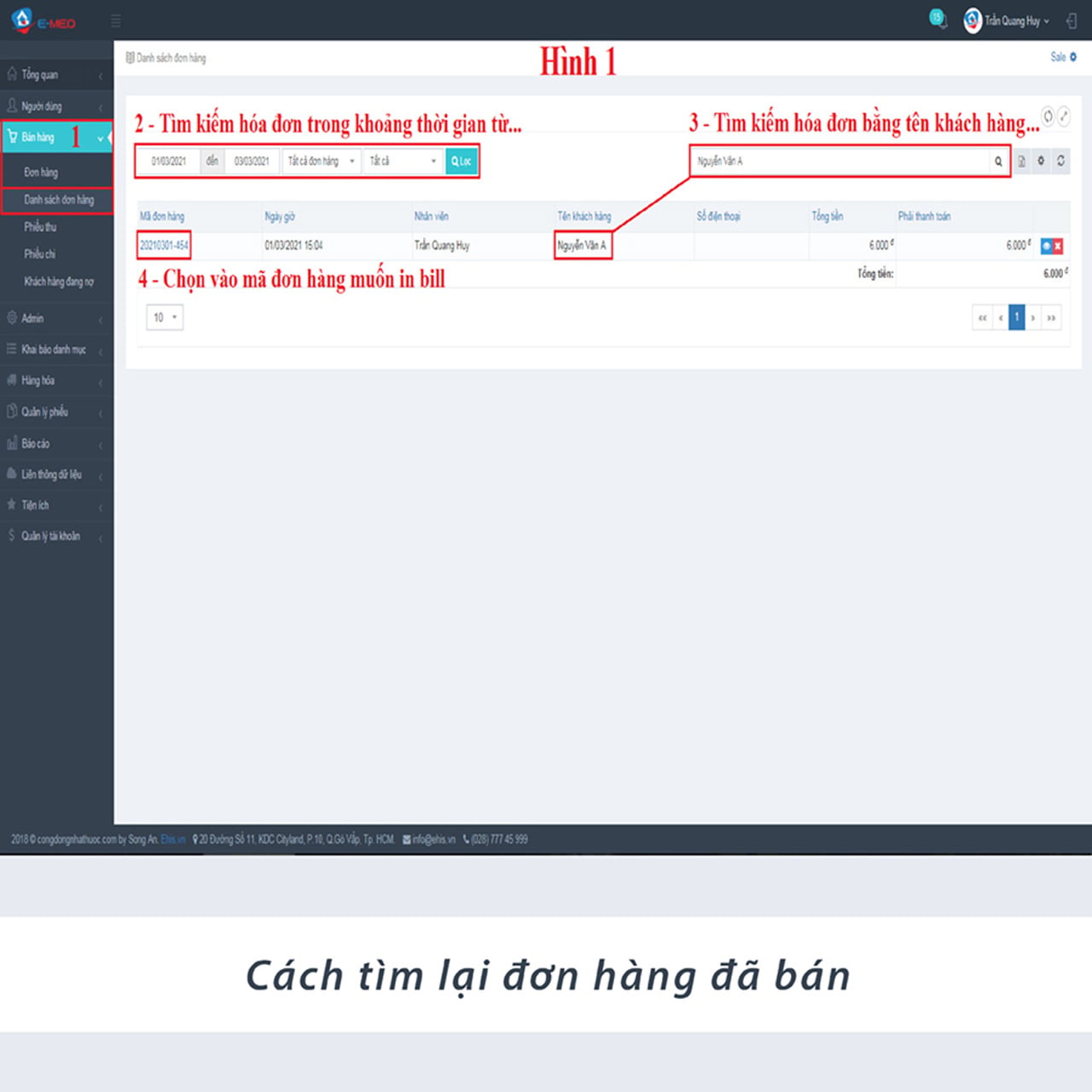 Danh sách đơn hàng bán thuốc trên phần mềm quản lý nhà thuốc với bộ lọc ngày bán và tìm kiếm nhanh