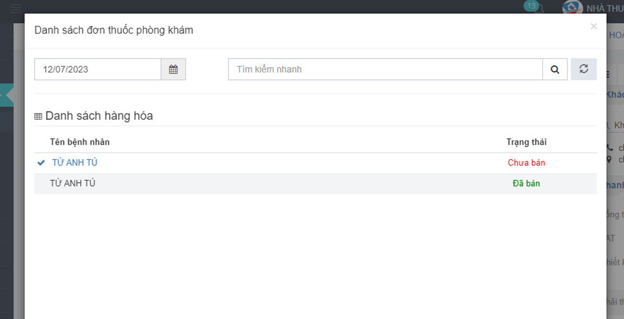 Danh sách đơn thuốc từ phần mềm quản lý phòng khám Ehis Web trên E-med