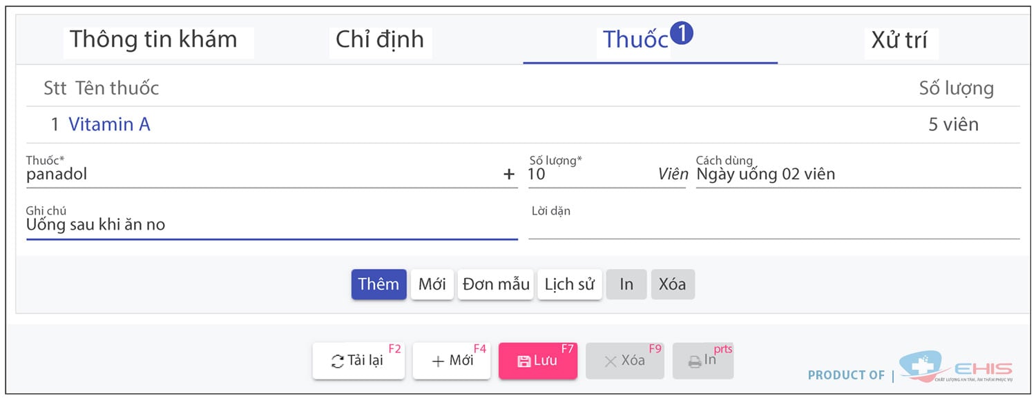 giao diện bác sĩ kê đơn thuốc cho bệnh nhân trên phần mềm quản lý phòng khám E-Clinic