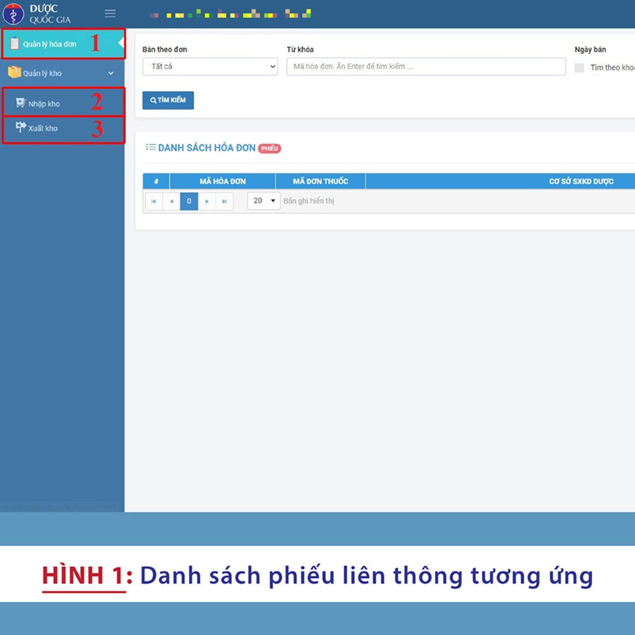 Giao diện kiểm tra hóa đơn bán thuốc phiếu nhập kho và phiếu xuất kho trên Dược quốc gia