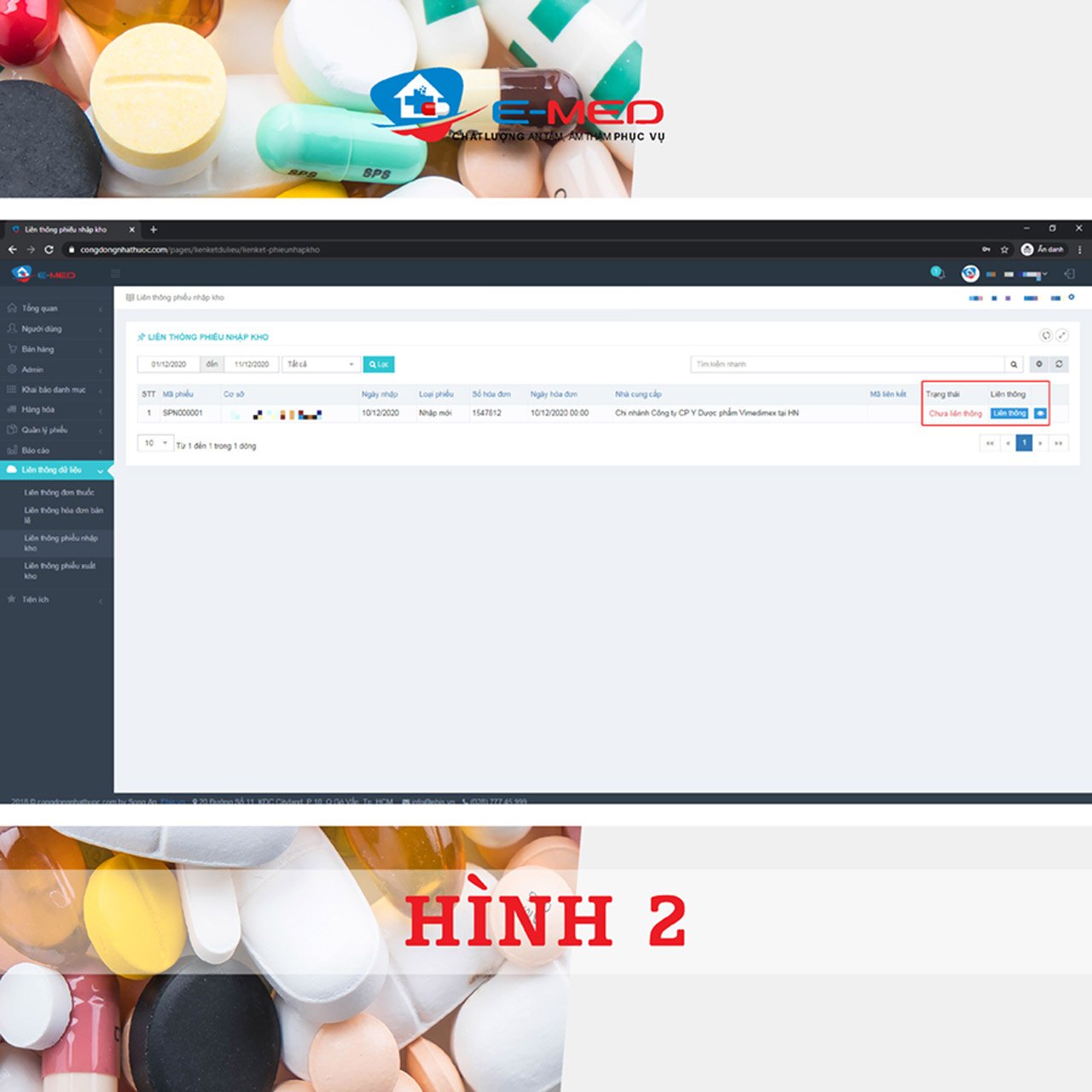 Giao diện phiếu đã liên thông thành công trên phần mềm quản lý nhà thuốc E-Med