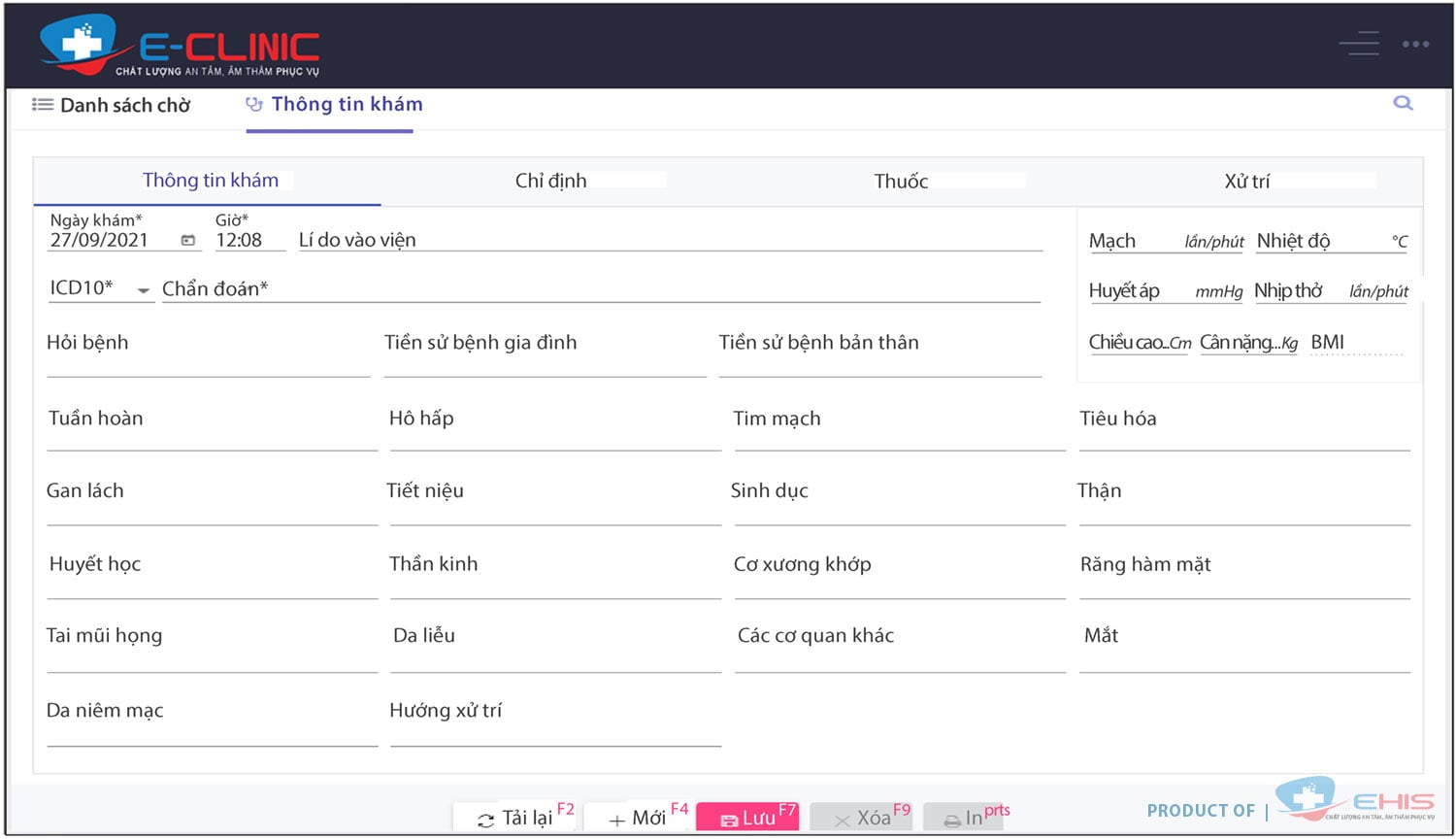Giao diện thông tin khám trên phần mềm quản lý phòng khám nội-nhi E-Clinic