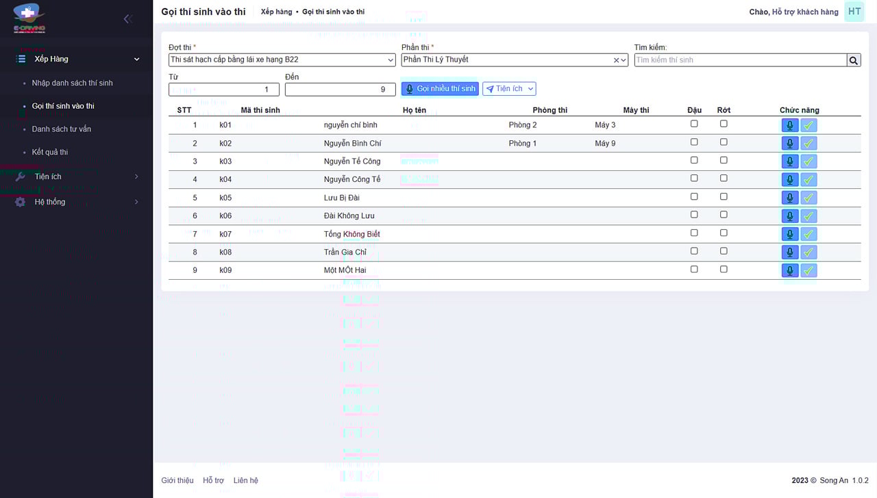 Giao diện quản lý kết quả thi sát hạch lái xe trên phần mềm E-DRIVING của Song Ân