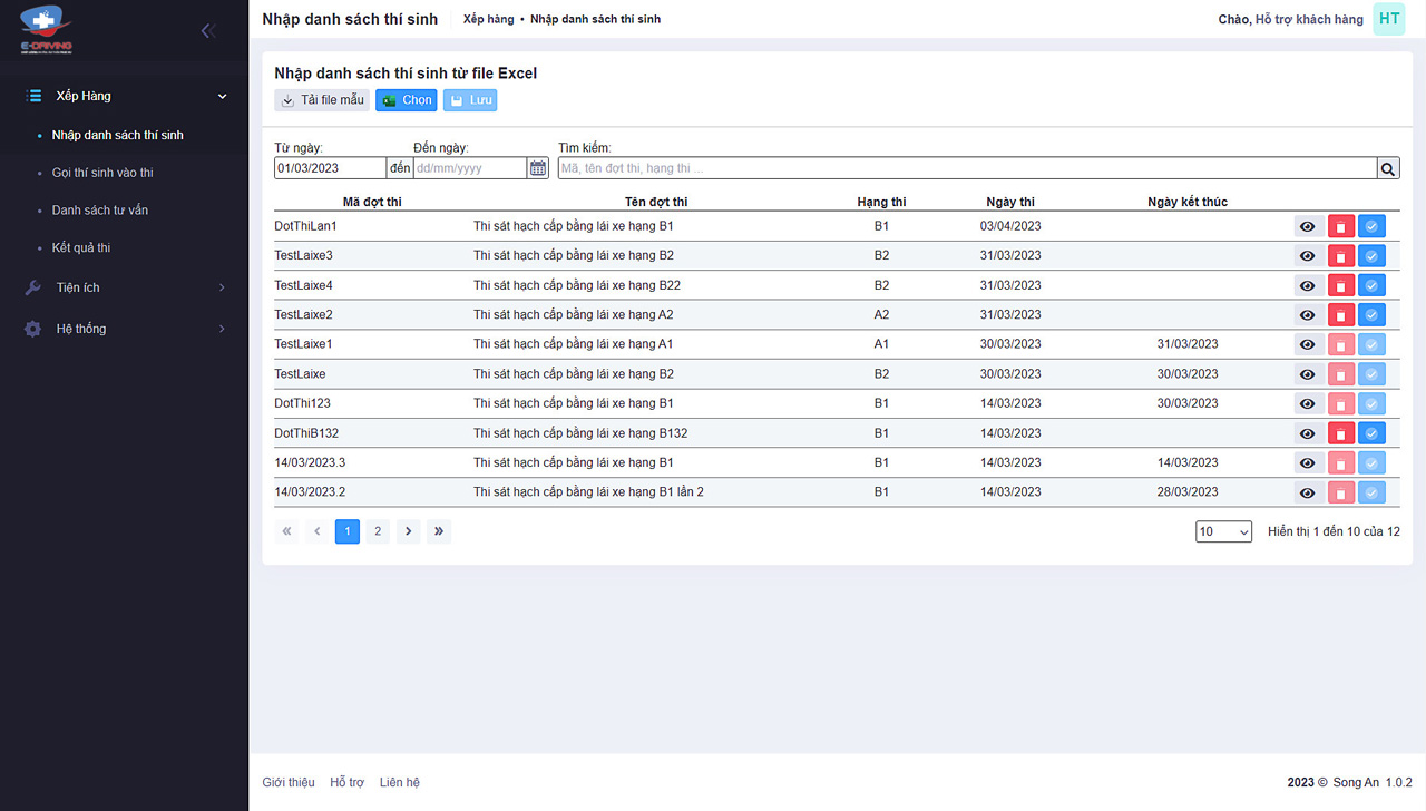 Giao diện phần mềm E-DRIVING quản lý danh sách thí sinh thi rớt trong kỳ thi sát hạch lái xe