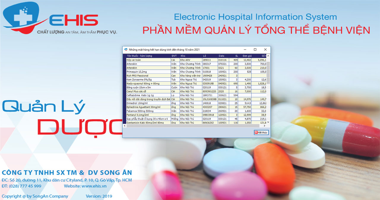 Giao diện phần mềm quản lý dược và vật tư y tế EHIS
