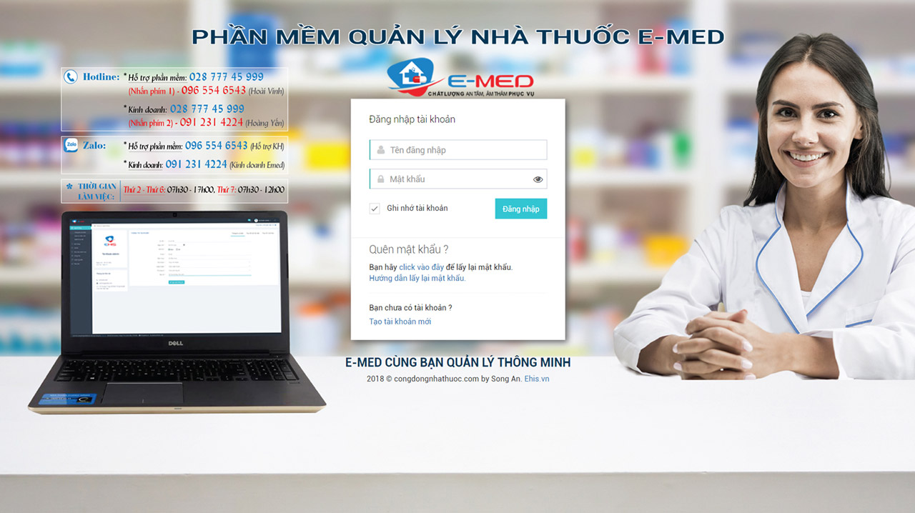 Giao diện đăng nhập phần mềm quản lý nhà thuốc E-MED