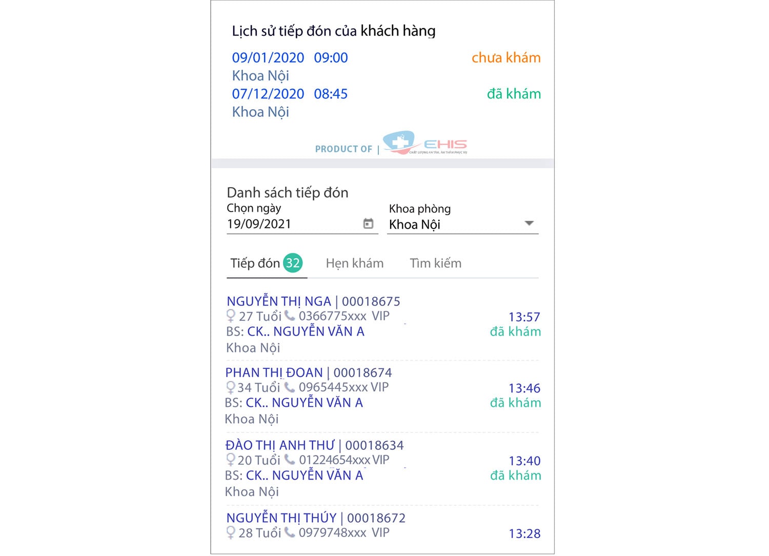 xem thông tin lịch sử tiếp đón bệnh nhân trên phần mềm quản lý phòng khám nội và phòng khám nhi E-Clinic