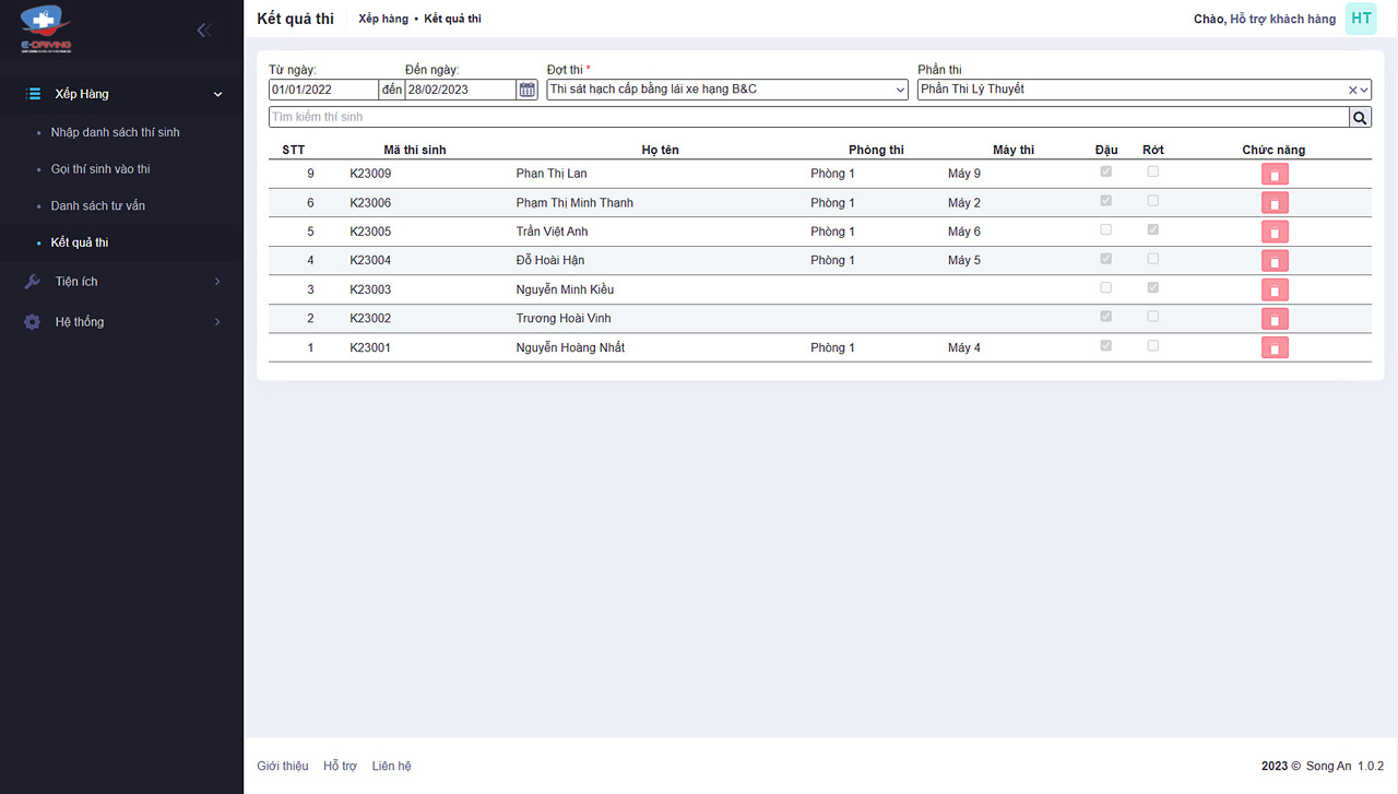 Hệ thống E-DRIVING gọi thí sinh vào thi tự động trong phần mềm quản lý thi sát hạch lái xe