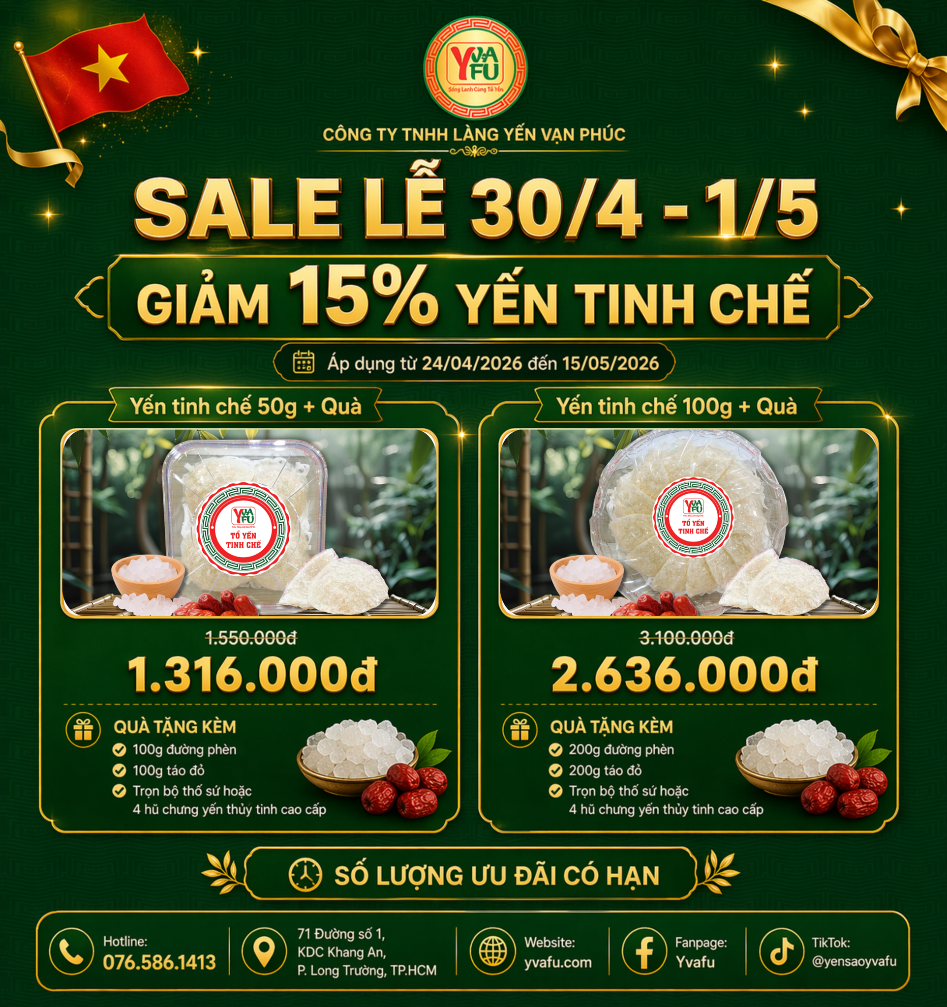 🎉 SALE LỄ 30/4 - 1/5 | GIẢM 15% YẾN TINH CHẾ 🎉