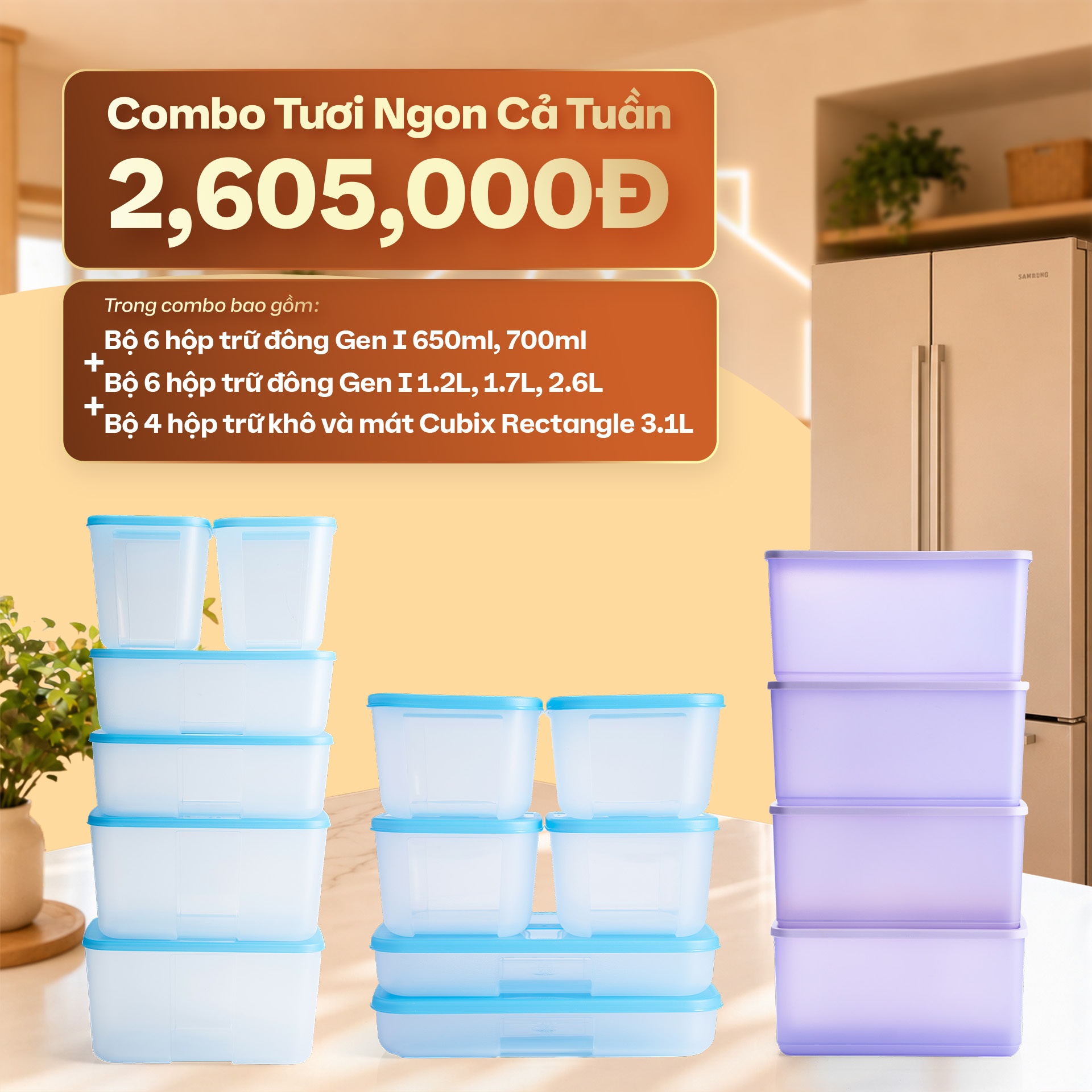 Combo Tươi Ngon Cả Tuần Tupperware giúp bảo quản thực phẩm trong tủ lạnh