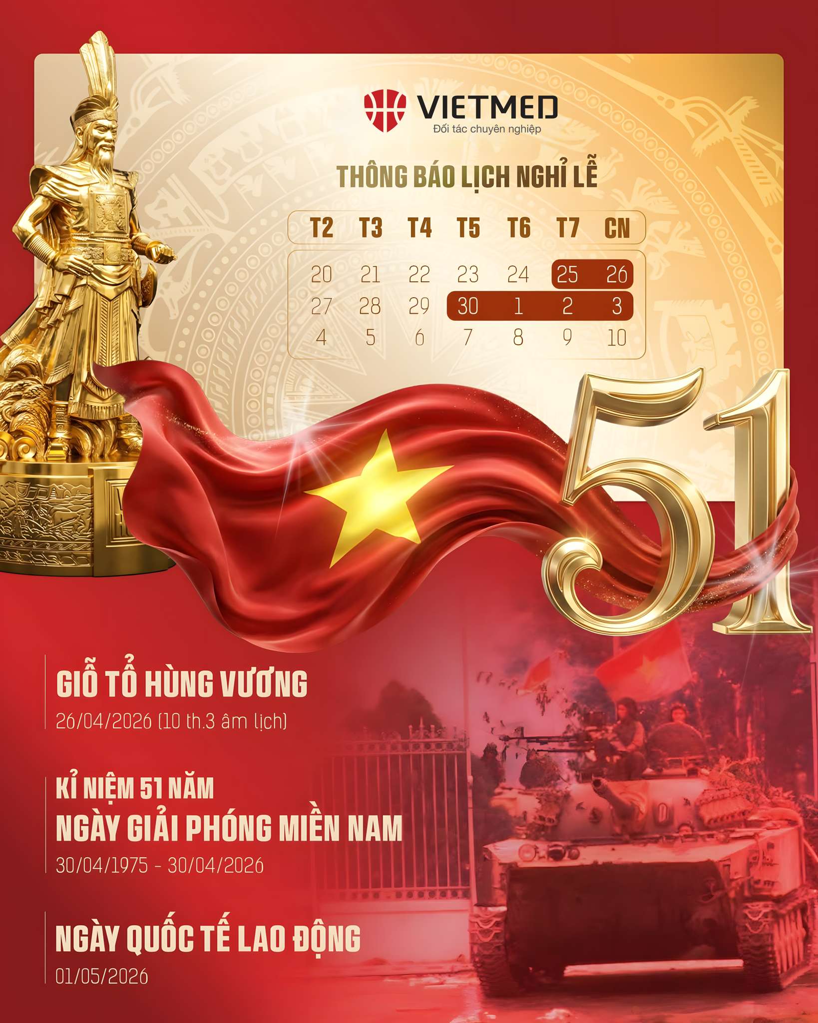 VIETMED THÔNG BÁO LỊCH NGHỈ LỄ Giỗ Tổ Hùng Vương, Ngày Giải phóng miền Nam & Ngày Quốc tế Lao động