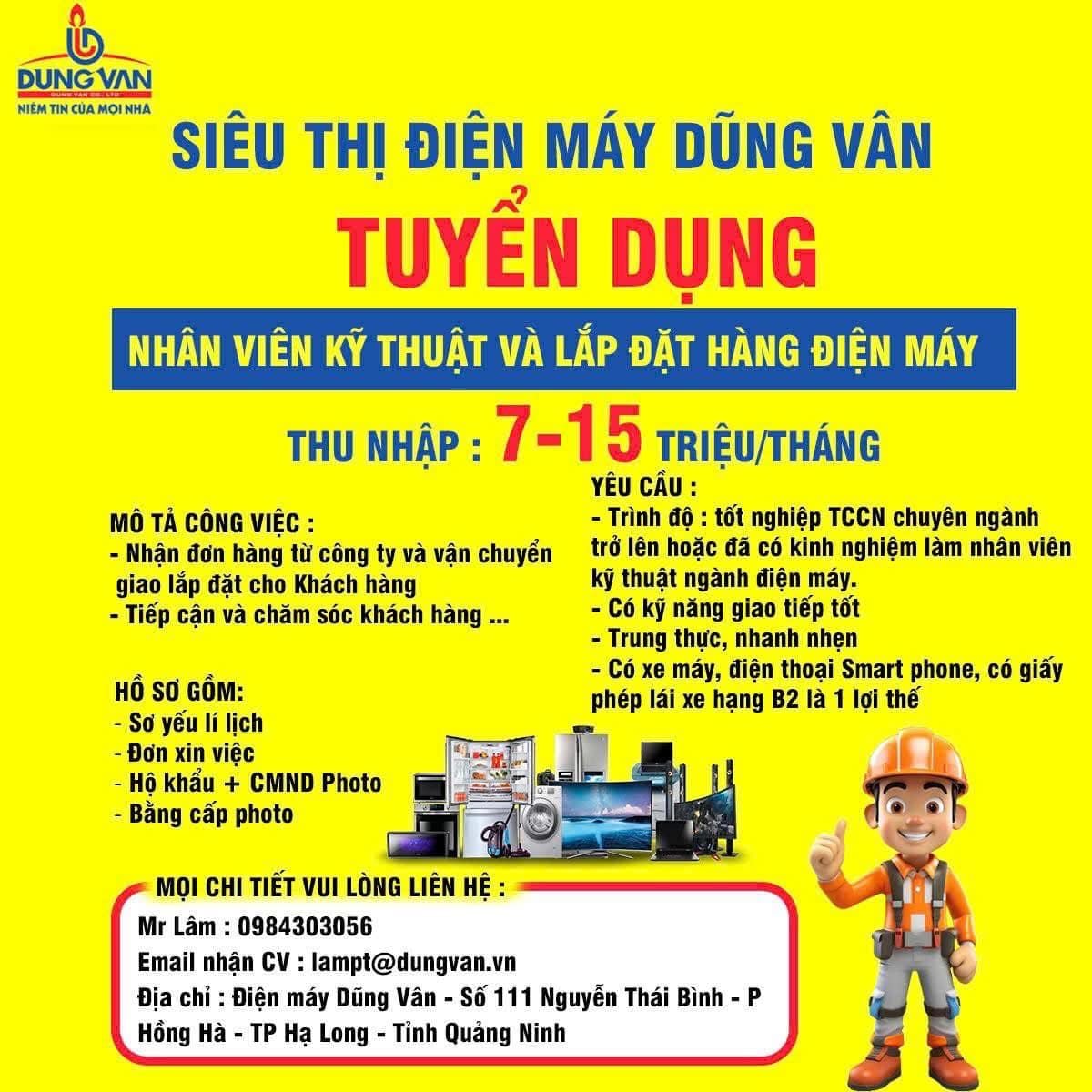 (Tin tuyển dụng tháng 10.2025 - Điện máy Dũng Vân) Tuyển dụng nhân viên Giao nhận - Lắp đặt điện máy