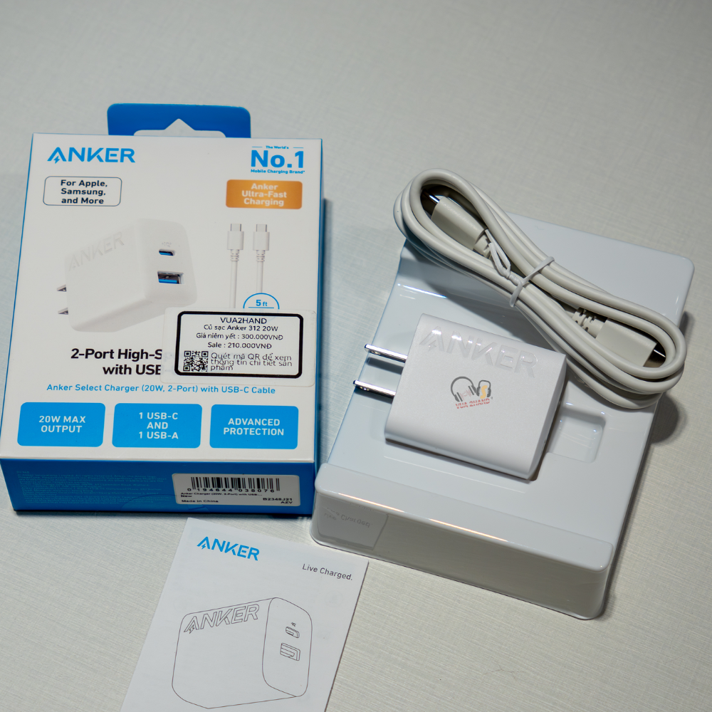 Củ Sạc Nhanh 2 Cổng Anker 312 20W B2348 – Nhỏ Gọn, Sạc Đôi Tiện Lợi