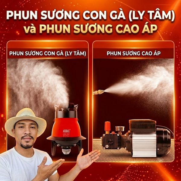 phun sương con gà (ly tâm) và phun sương cao áp