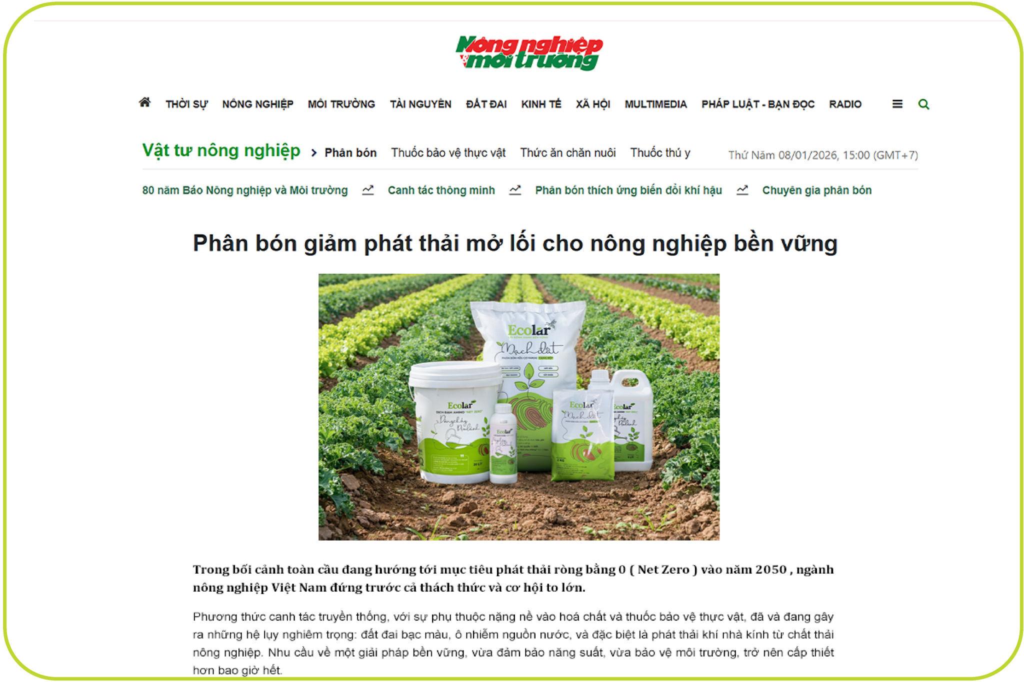 Báo Nông Nghiệp Và Môi Trường - Cơ Quan Ngôn Luận Của Bộ Nông Nghiệp Và Môi Trường Thông Tin Về Phân Bón Giảm Phát Thải, Bảo Vệ Môi Trường Của Ecolar