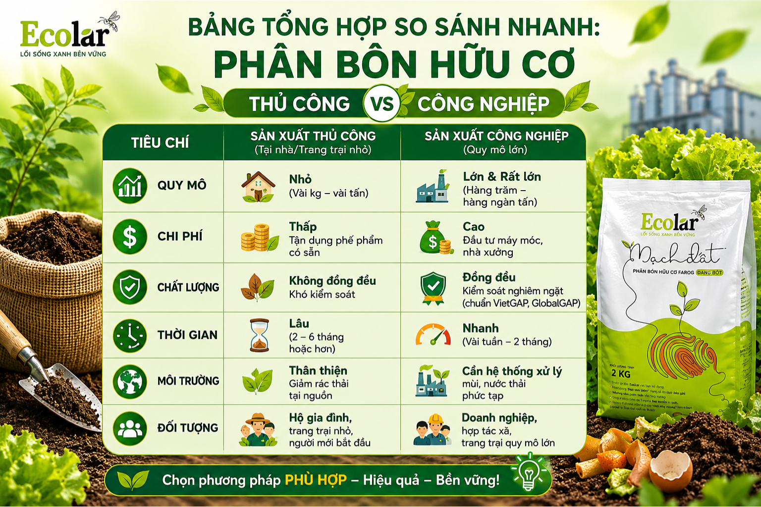 Bảng Tổng Hợp So Sánh Nhanh: Phân Bón Hữu Cơ Thủ Công và Công Nghiệp