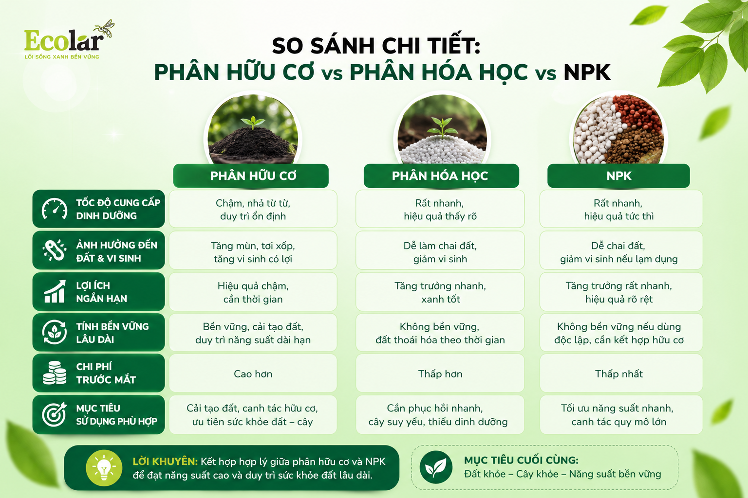 So Sánh Chi Tiết: Phân Hữu Cơ vs Phân Hóa Học vs NPK
