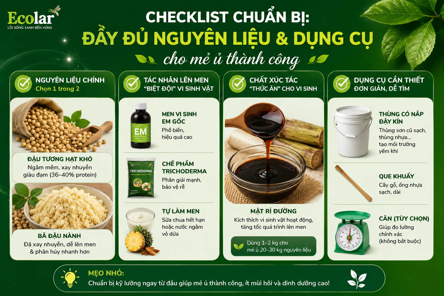 Checklist Chuẩn Bị: Đầy Đủ Nguyên Liệu & Dụng Cụ Cho Mẻ Ủ Thành Công
