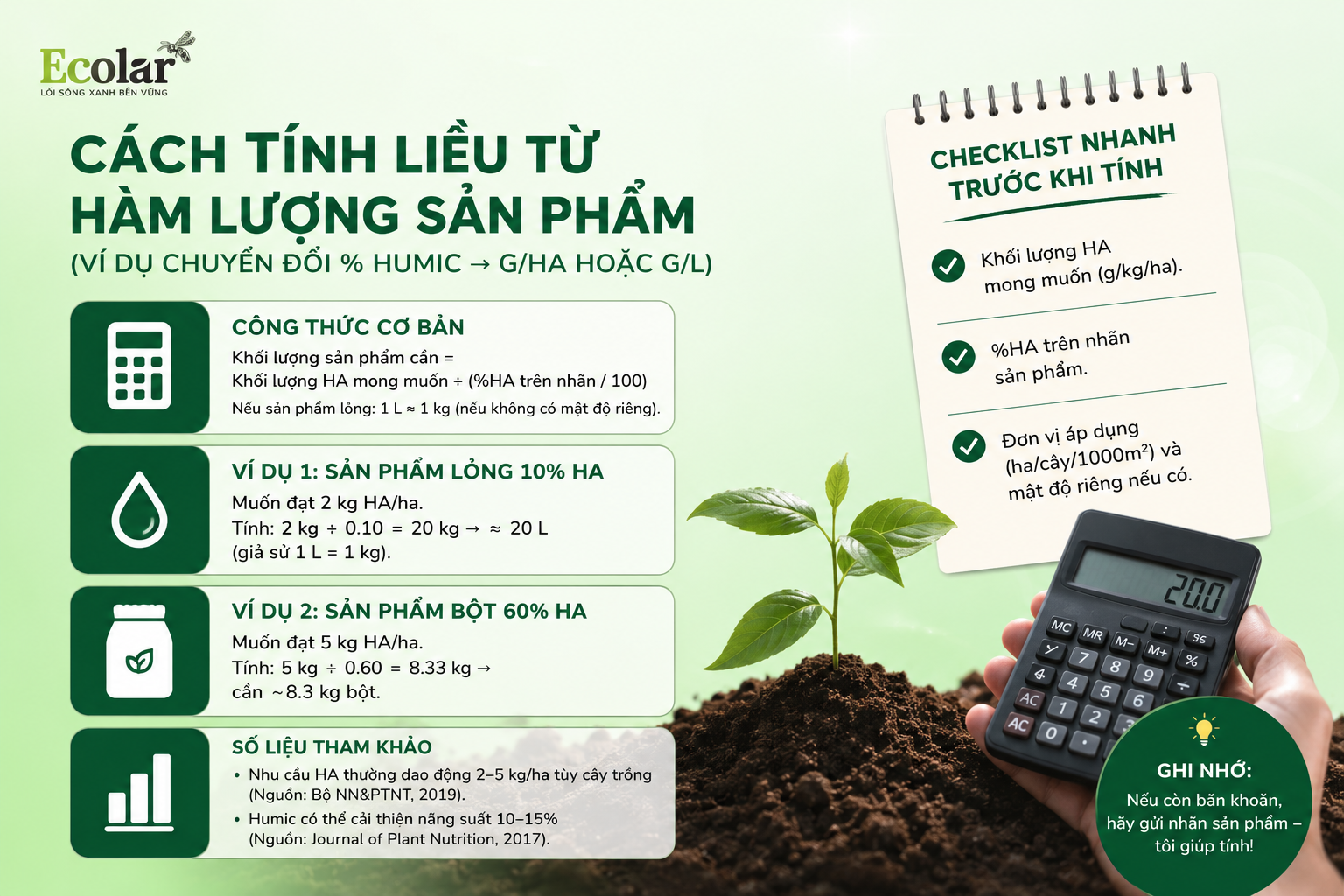 Cách tính liều từ hàm lượng sản phẩm (ví dụ chuyển đổi % humic → g/ha hoặc g/L)