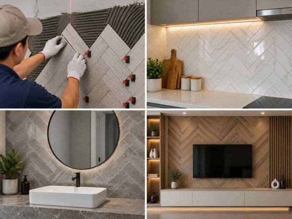 Cách ốp gạch xương cá trên tường