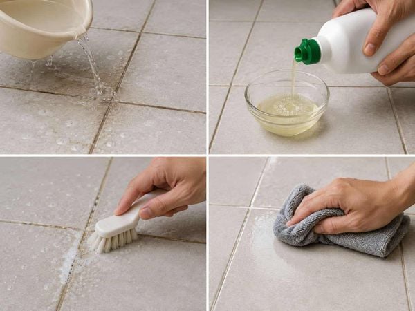 Tẩy ron gạch bằng nước ấm và chất tẩy rửa nhẹ