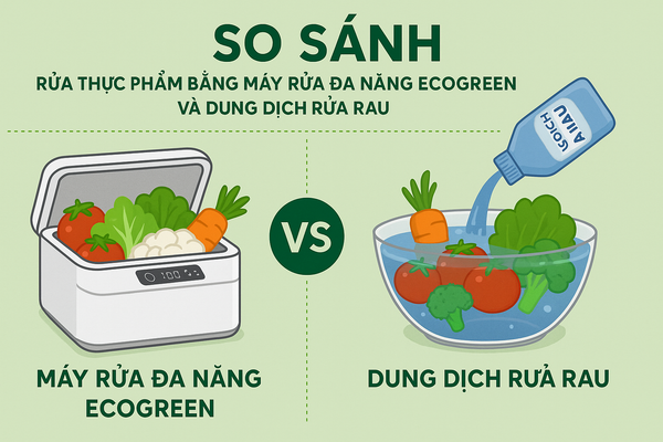 So sánh rửa thực phẩm bằng máy rửa đa năng EcoGreen và dung dịch rửa rau: Giải pháp nào an toàn & hiệu quả hơn?