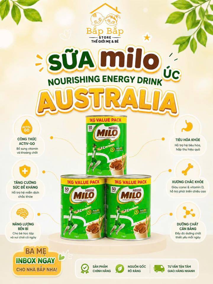 Hàng Mới- SỮA BỘT MILO ÚC 1KG ĐÃ VỀ HÀNG TẠI NHÀ BẮP