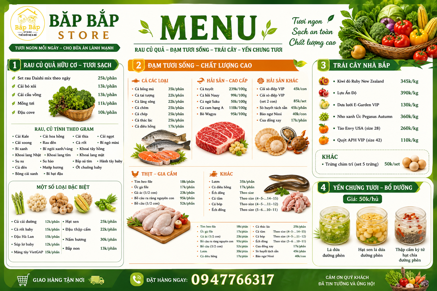 TRÁI CÂY- RAU CỦ HỮU CƠ- NGUYÊN LIỆU ĐẠM TƯƠI NHÀ BẮP